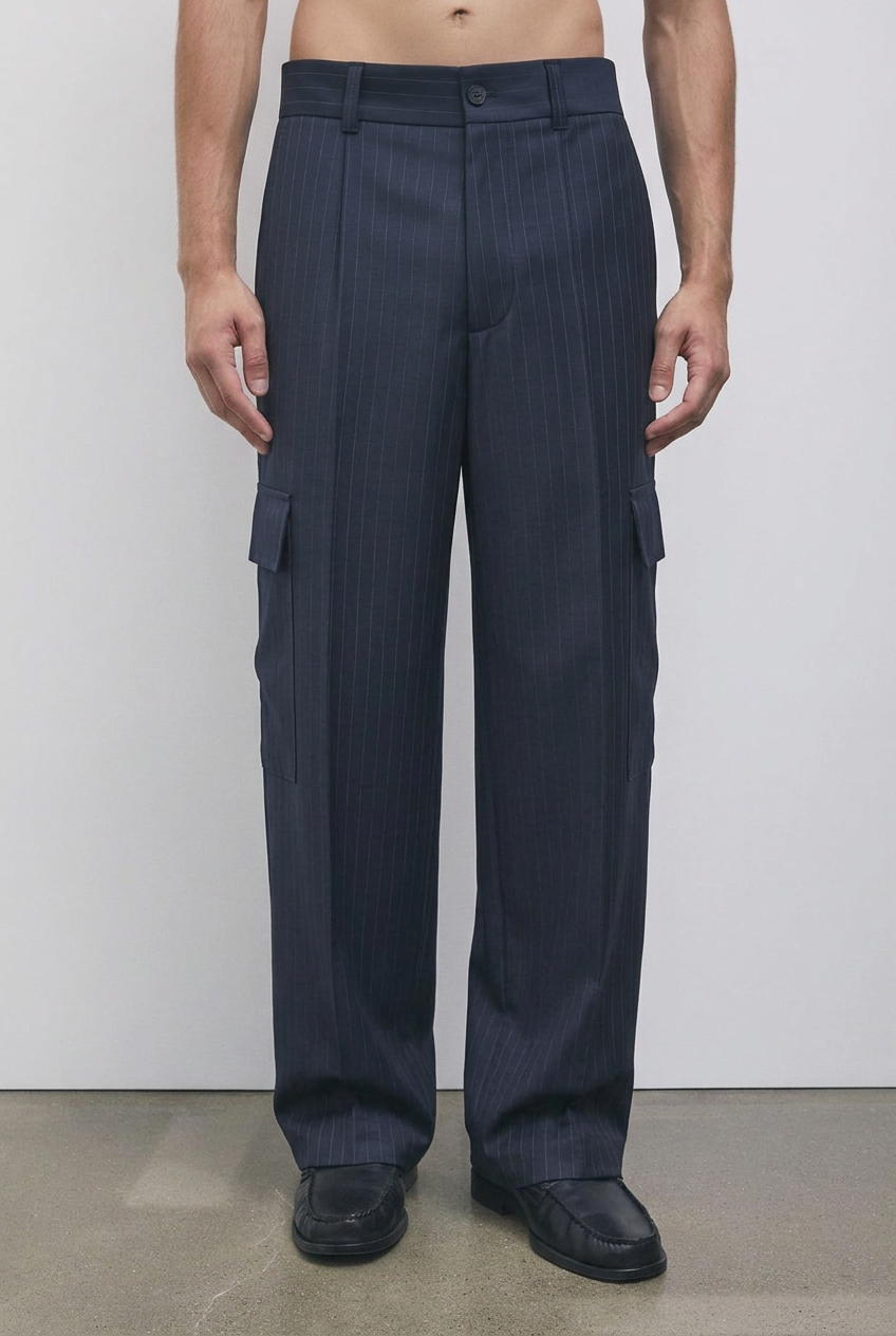 Pantaloni cargo con tessuto blu gessato